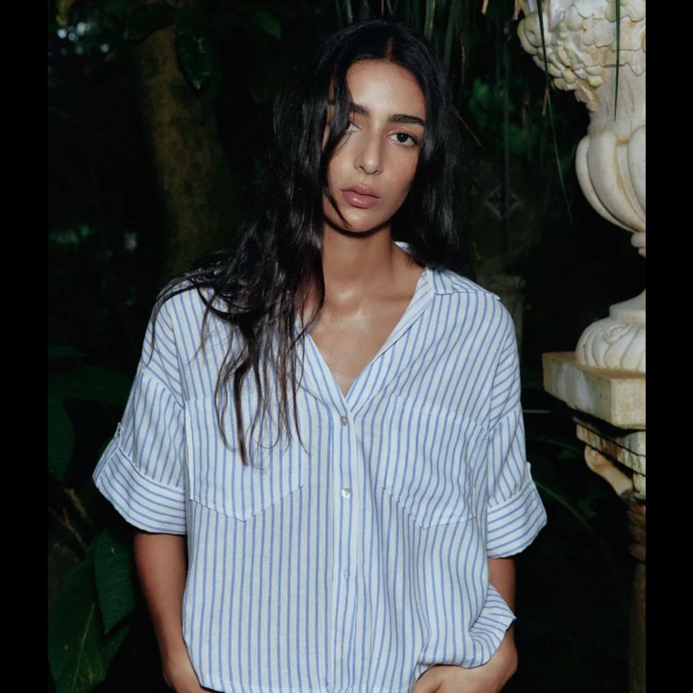 Zara Blue and White Striped Button-Down Shirt